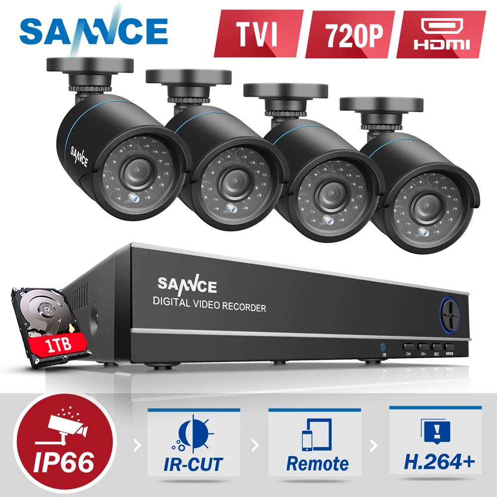 

SANNCE 8CH CCTV System 1080P HDMI Output 4IN1 DVR 4pcs 720P CCTV Security Cameras with 1TB HDD IR Outdoor Surveillance Kit