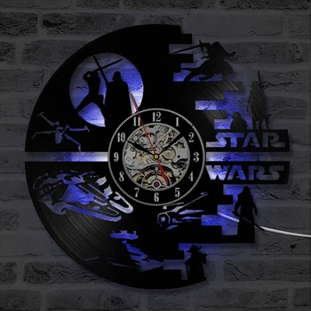 

Star War Series Record Wall Clock Creative Silent Quartz Handmade CD Vinyl Antique Hollow LED Hanging Clock Kids Gift LED Ligth