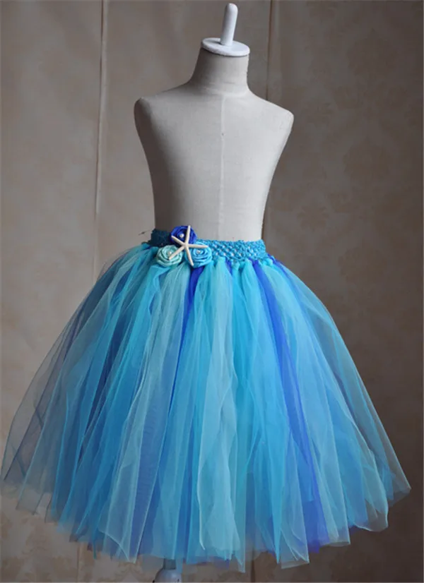 Cute Blue Tulle Pageant little Girls short Tutu Skirt with starfish decoration and Imitation Pearls