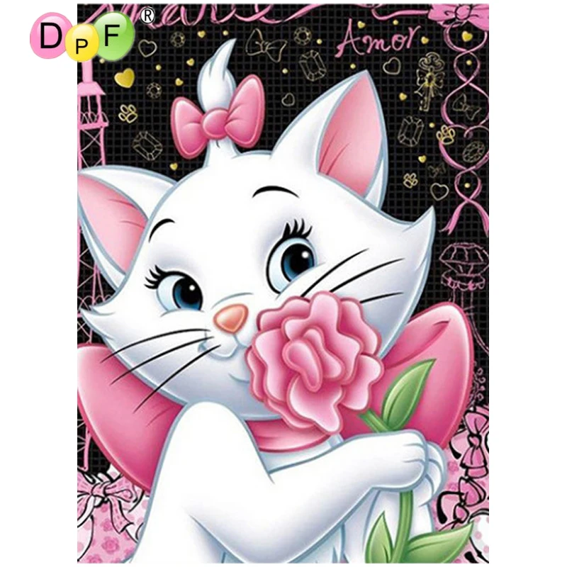 

DPF DIY Magic Cube Cross Stitch art craft white cat pink flowers Diamond Embroidery 5D full Round Diamond Painting Mosaic Decor