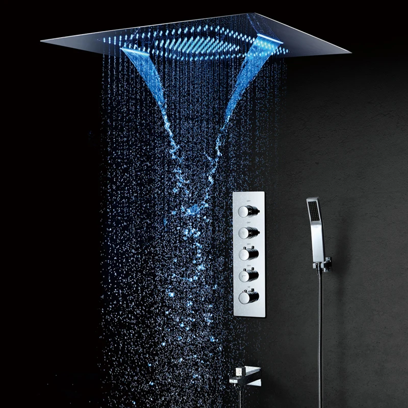 600*800mm LED Shower Head Misty Waterfall Rainfall Showerhead Spa Thermostatic Shower Faucets Mixer Ceiling Mounted Shower Sets