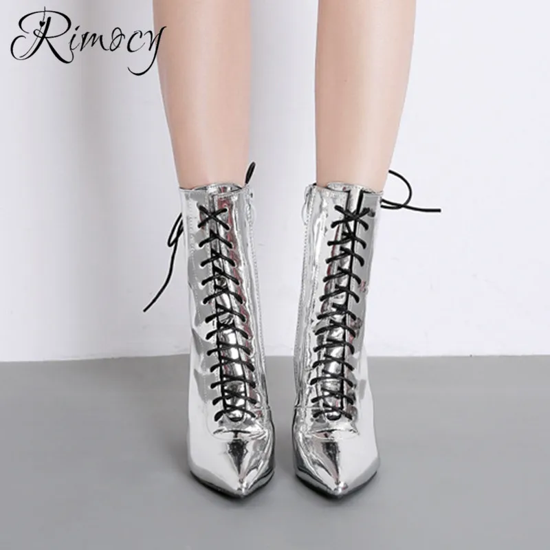 

Rimocy patent leather shoes woman 10cm square heels botines mujer 2019 spring cross tied botas femme silver black booties ladies