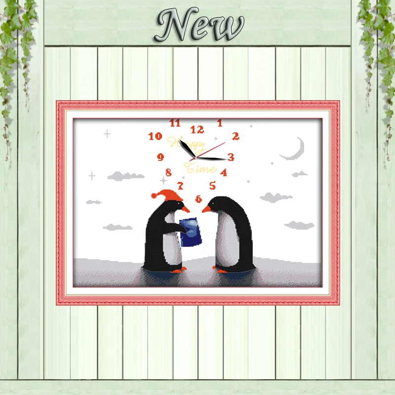 Penguin's love kiss clock home decor painting counted print on canvas DMC 14CT 11CT Cross Stitch Needlework Sets Embroidery kits | Дом и