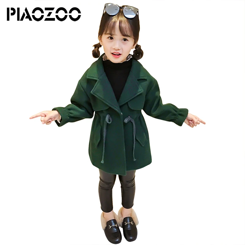 

New 2018 girl clothes autumn winter warm coat green color single breasted coat turn down elastic waist trench coat for childP20