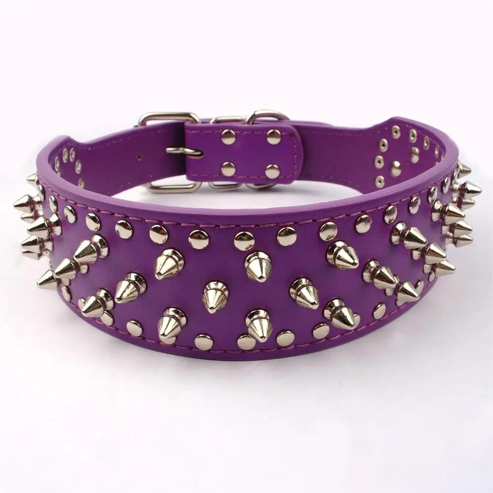 Фиолетовый шипами Шипованная кожаная упряжь для собак ошейник и поводок набор для Meduim больших пород питбуль