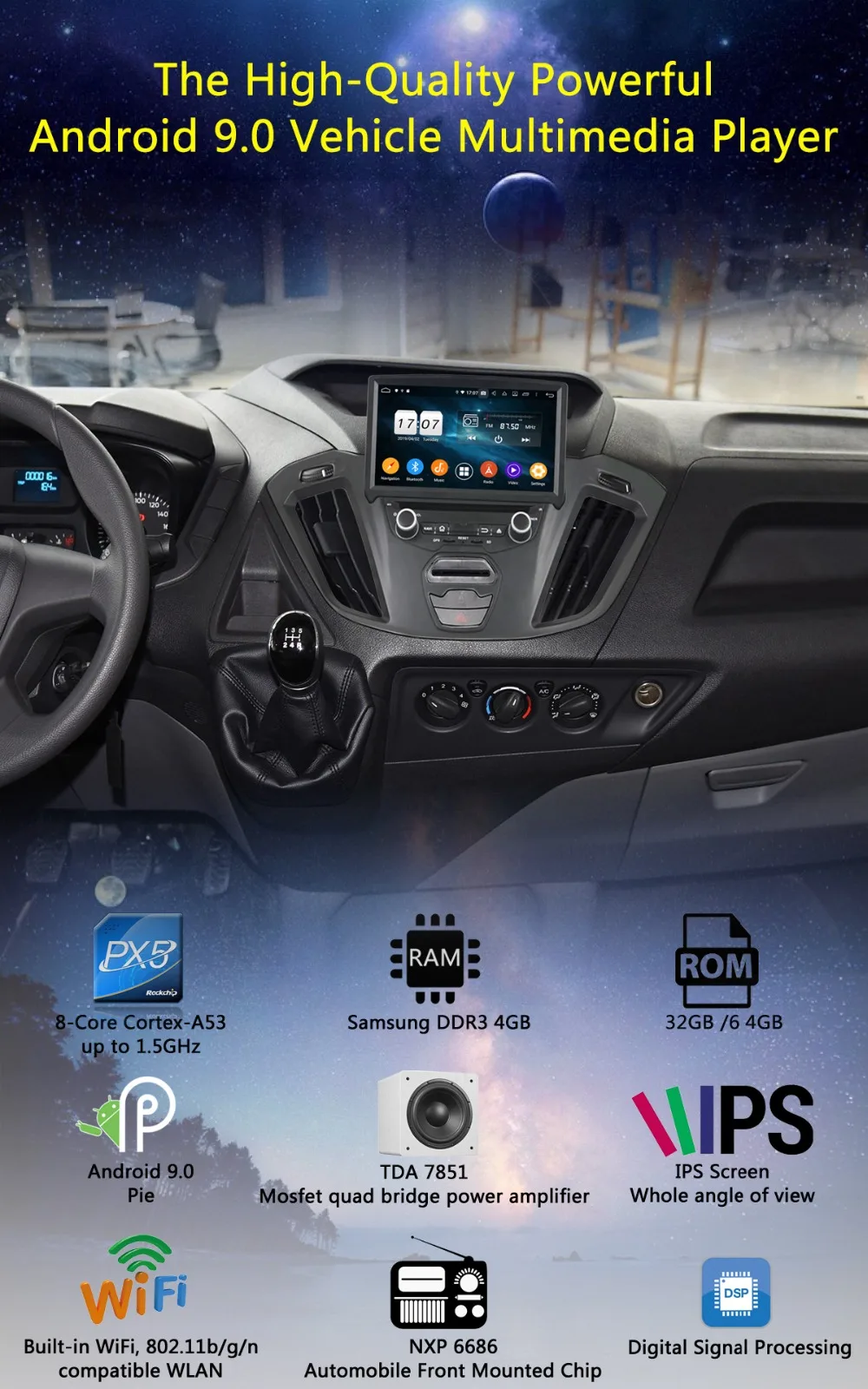 " ips 1920*1080 8 ядерный 4G+ 64G Android 9,0 автомобильный dvd-плеер для Ford Transit Custom 2013 DSP радио gps