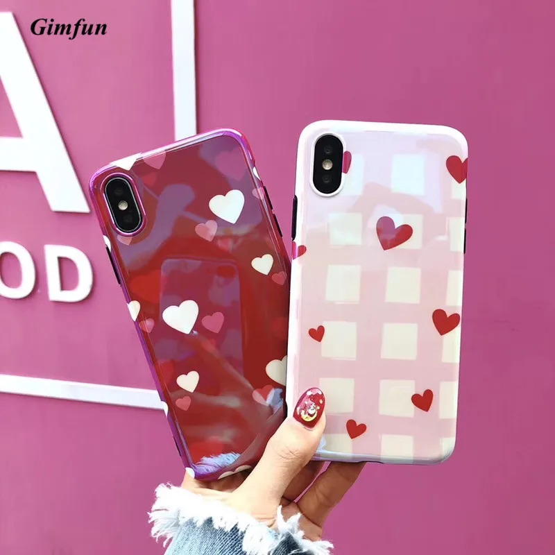 

Gimfun Pink Plaid Love Heart Blu Ray Phone Case for Iphone 7 7plus 8 6 6s 6plus X Korea Glitter Soft silicone Back Cover