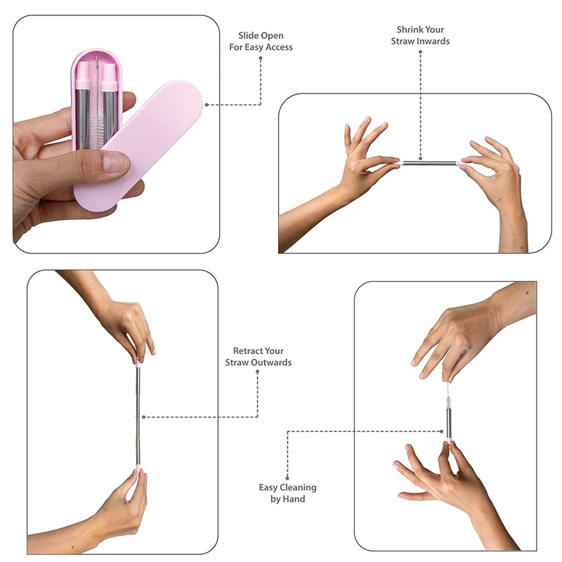 Kitchen Reusable Metal Folding Collapsible Drinking Straw Portable with Cleaning Brush