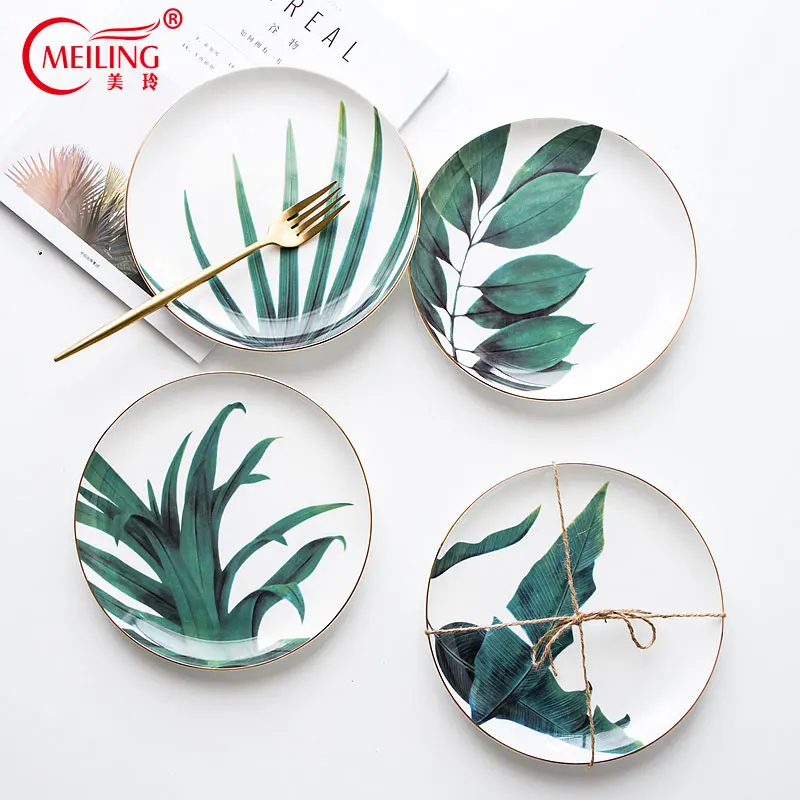 

Tropical Leaf Bone China Plates Gold Inlay Round Bread Dessert Salad Serving Dinnerware Dish White Crockery Platters Table Decor