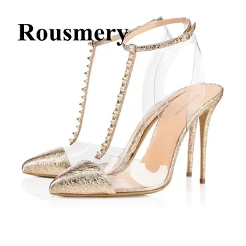 

Fashion Newest Shoes PVC Pointed Toe Thin High Heel Buckle Strap Slingback Rivet Decoration Four Color Women Sandals Normal Size