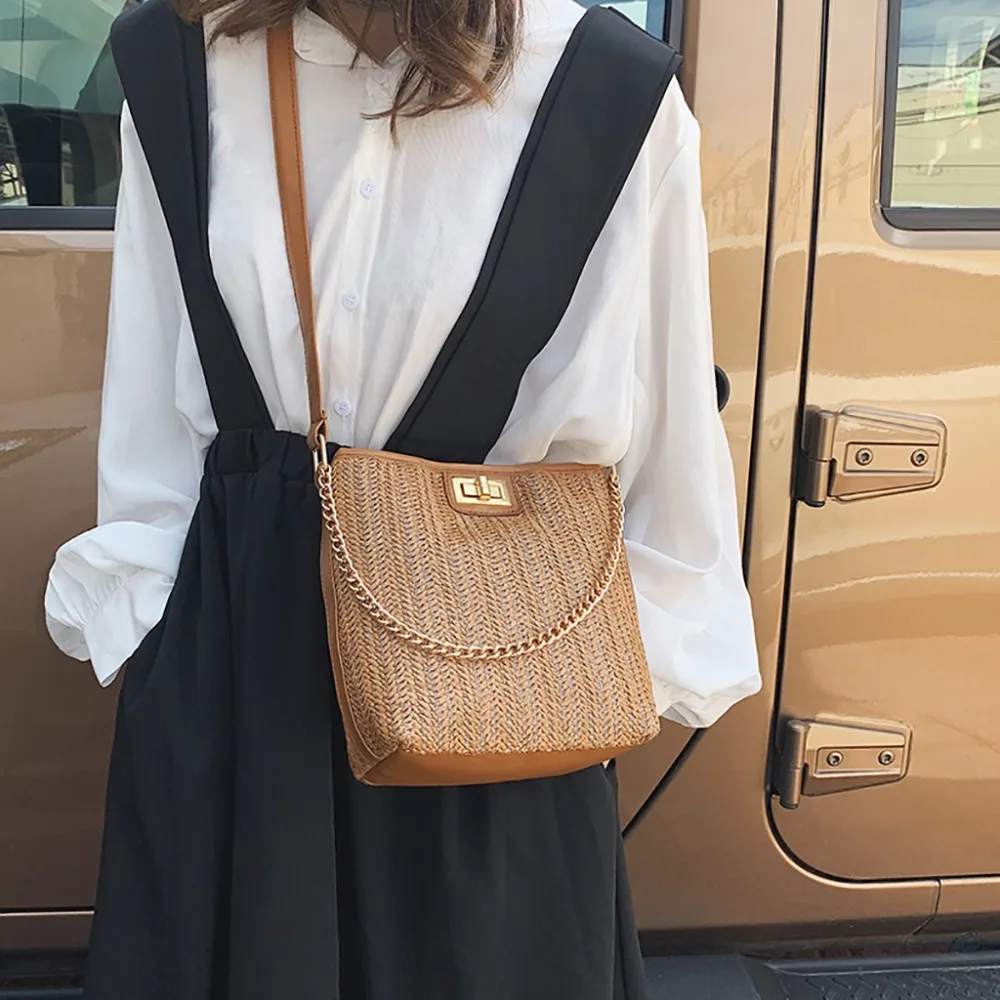 

Vintage Handmade Square Woven Shoulder Bags PU Leather Straps Bow Hasp Holiday Beach Crossbody Bag Messengers Women Handbag Ma06