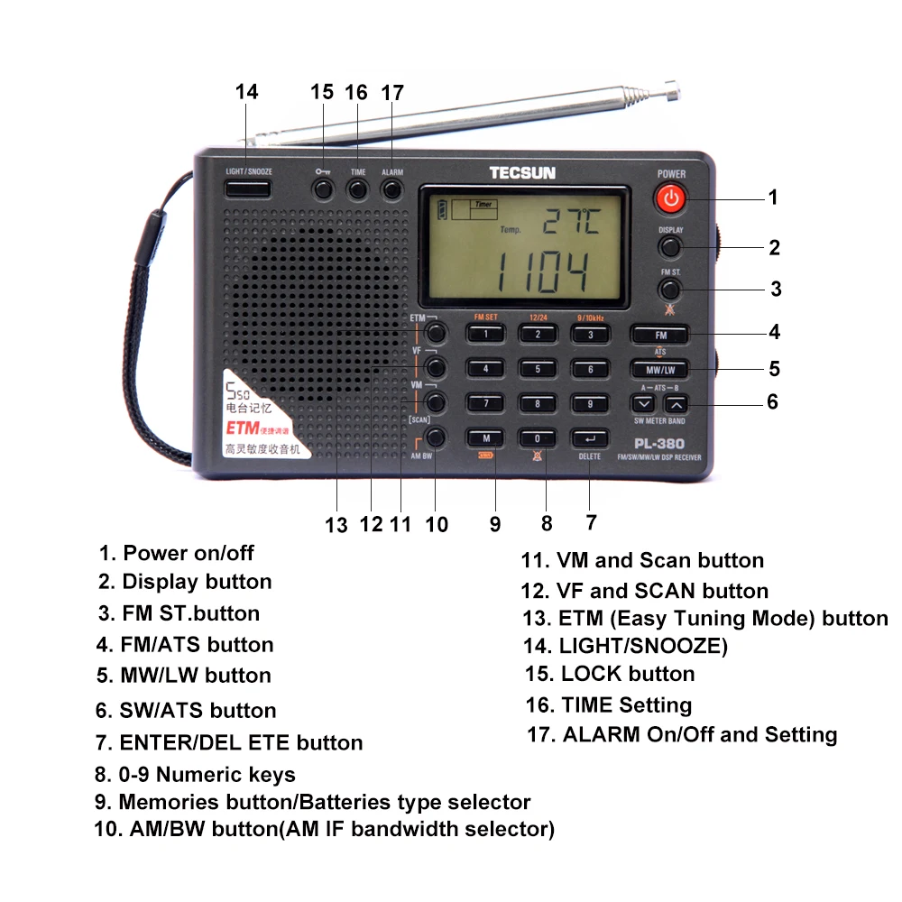Rádio de Banda Tecsun Completa Digital Demodulação Estéreo Pll Rádio Portátil fm - lw sw mw Dsp Receptor Internet Pl-380 - Image 4