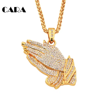 

2019 New Rhinestones Praying Hands Hiphop Bling Necklace Mens Gold Religous jewelry Iced Out Prayer Jesus Women Men CAGF0169