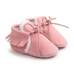Новорожденных Для маленьких мальчиков из искусственной кожи для девочек замшевые мокасины бахрома на мягкой подошве нескользящая обувь