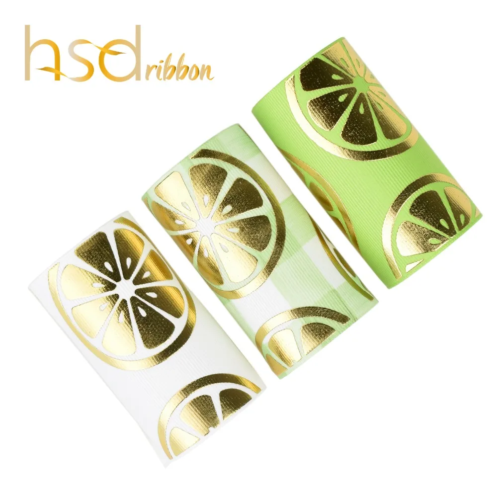 

HSDRibbon custom 75MM 3 inch summer series lemon pattern gold Foil Printed on Grosgrain Ribbon