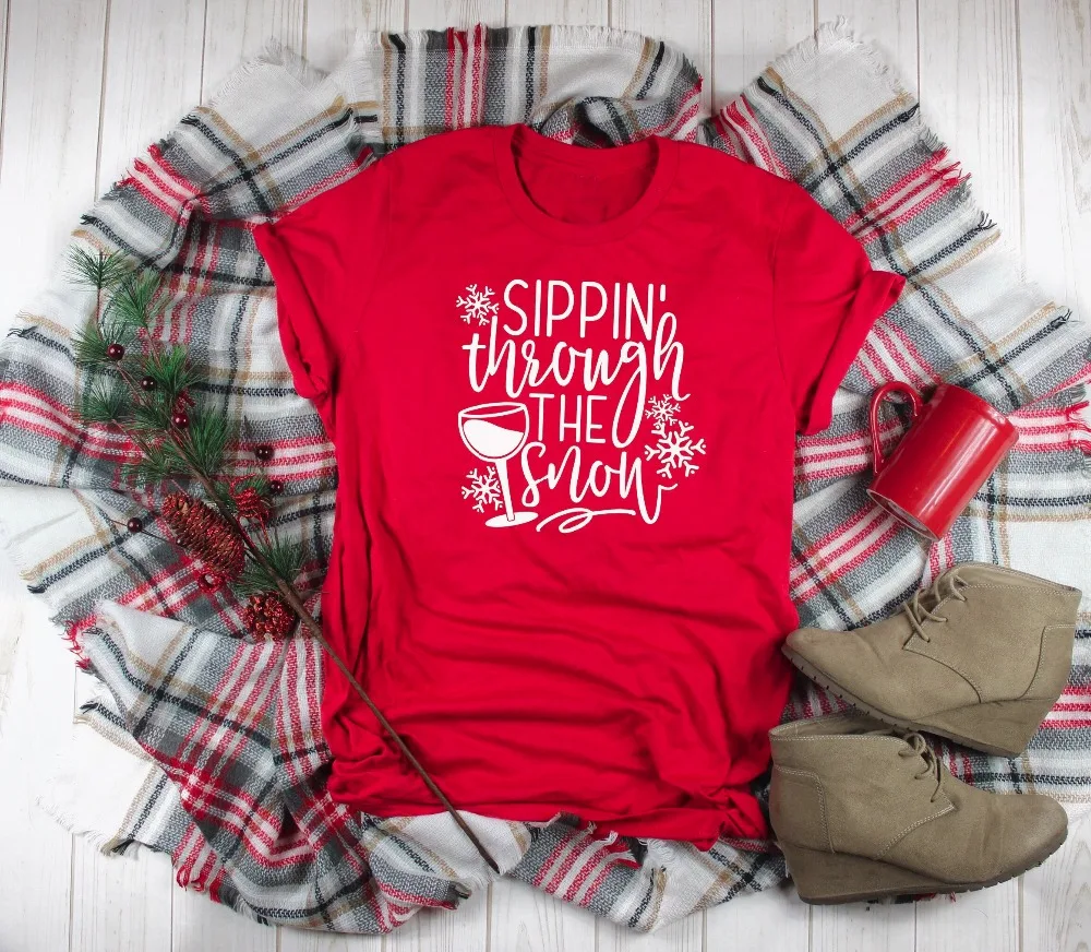 Sippin Through The Snow футболка с изображением бутылки вина Santa-Рождественские фильмы Humor