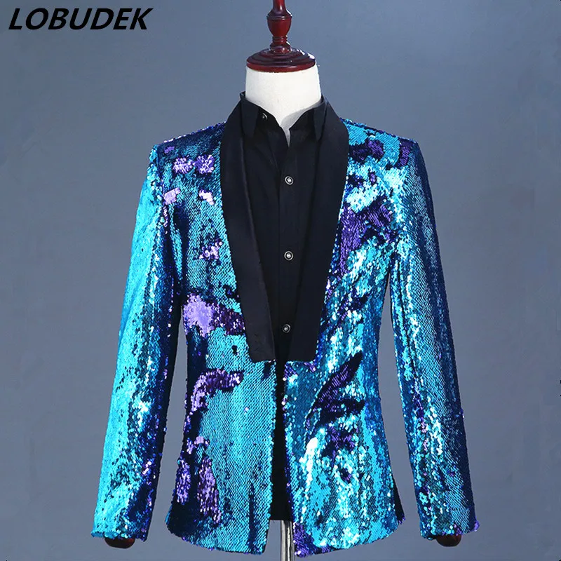 

Модные мужские фиолетовые синие блейзеры с блестками, двухцветная куртка с блестками, пальто для выпускного вечера, мужской певец и ведущий сценический наряд, костюмы