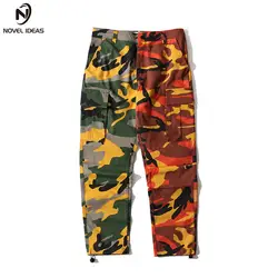 Новые идеи двухцветный камуфляжные штаны хип-хоп Лоскутные камуфляж военных грузов брюк Повседневное хлопок Мульти карманы Пант уличная