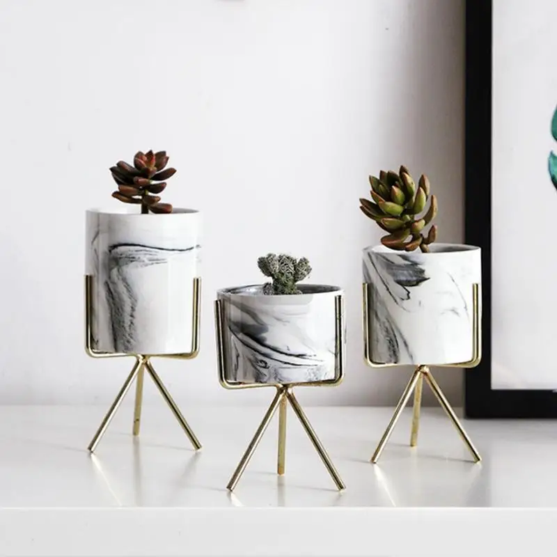 

Nordic Home Minimalist Style Marble Vase Wrought Iron Tabletop Succulent Flower Pot Gold + White Ceramic L