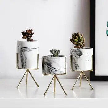 

Nordic Home Minimalist Style Marble Vase Wrought Iron Tabletop Succulent Flower Pot Gold + White Ceramic L