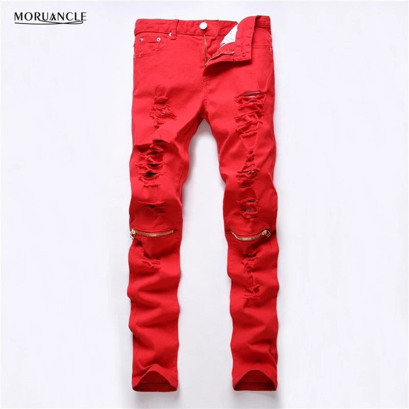 Fashion Design Mens Ripped Jeans Joggers Knee Zipper Slim Fit Distressed Denim Pants For Man Red