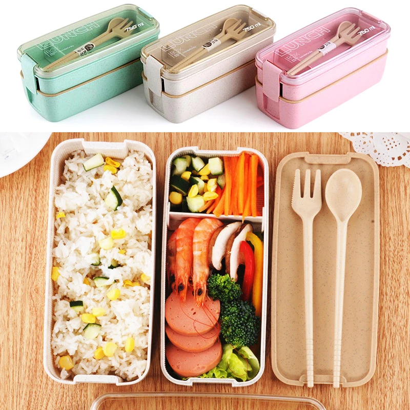 

750ml Healthy Material 2 Layer Lunch Box Wheat Straw Bento Boxes Microwave Dinnerware Food Storage Container Lunchbox