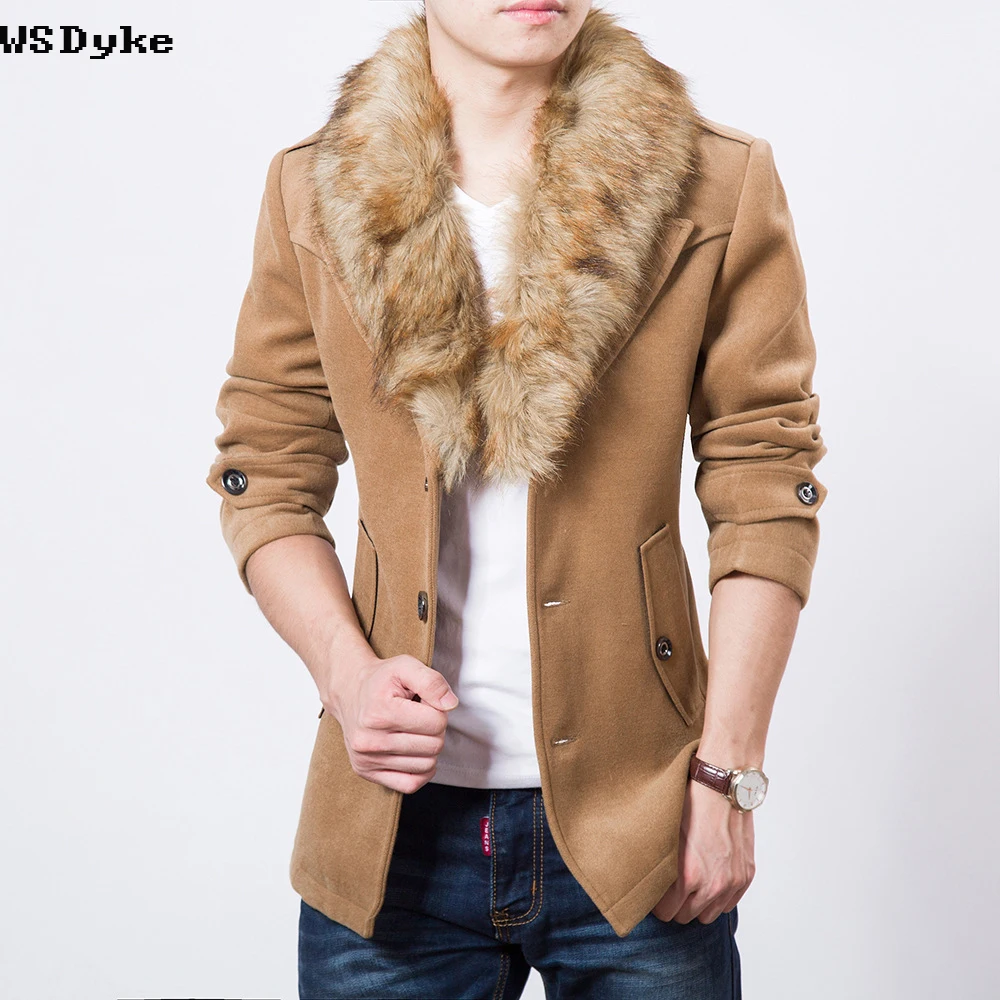 

2019 Winter New Casual Slim Fit Wool Coat Men Turn Down Detachable Fur Collar Winter Jacket