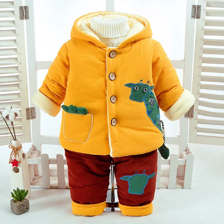 Комплекты одежды для новорожденных; сезон осень-зима теплые костюмы для маленьких мальчиков хлопковые плотные пальто с капюшоном+ брюки; Детский комплект детская одежда - Цвет: yellow cow