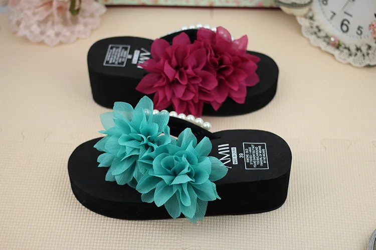Chiffon Flowers Female Slippers Online Summer 2019 Beach Shoes Non-slip Flip Flops Wedge Platform47