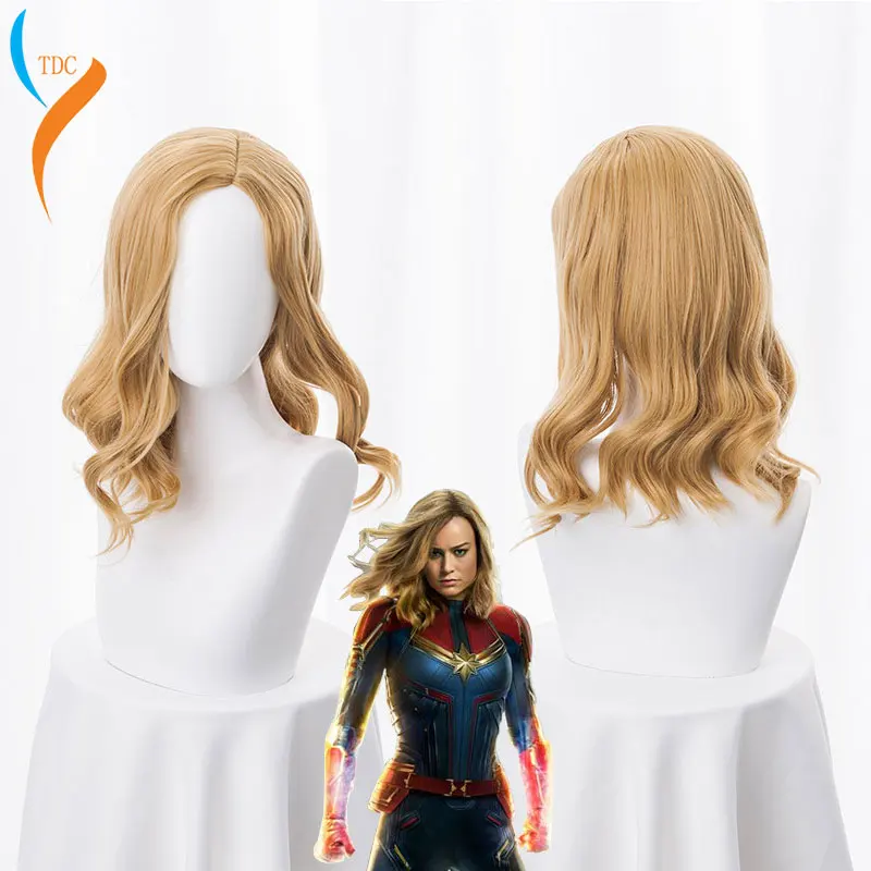 

2019 Women Movie Captain Marvel Coplay wig Women Carol Danvers Blonde Wavy Hair Gold Wig cosplay+Wig Cap