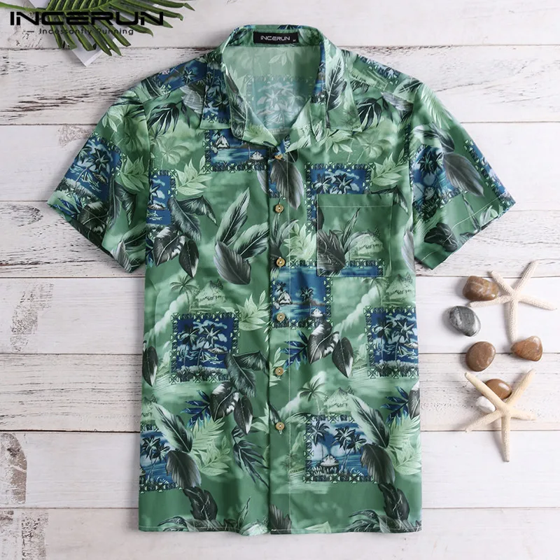 INCERUN Летняя мужская гавайская рубашка с принтом, короткий рукав, отложной воротник, повседневные топы, свободные тропические пляжные рубашки, мужская рубашка - Цвет: Green Shirt