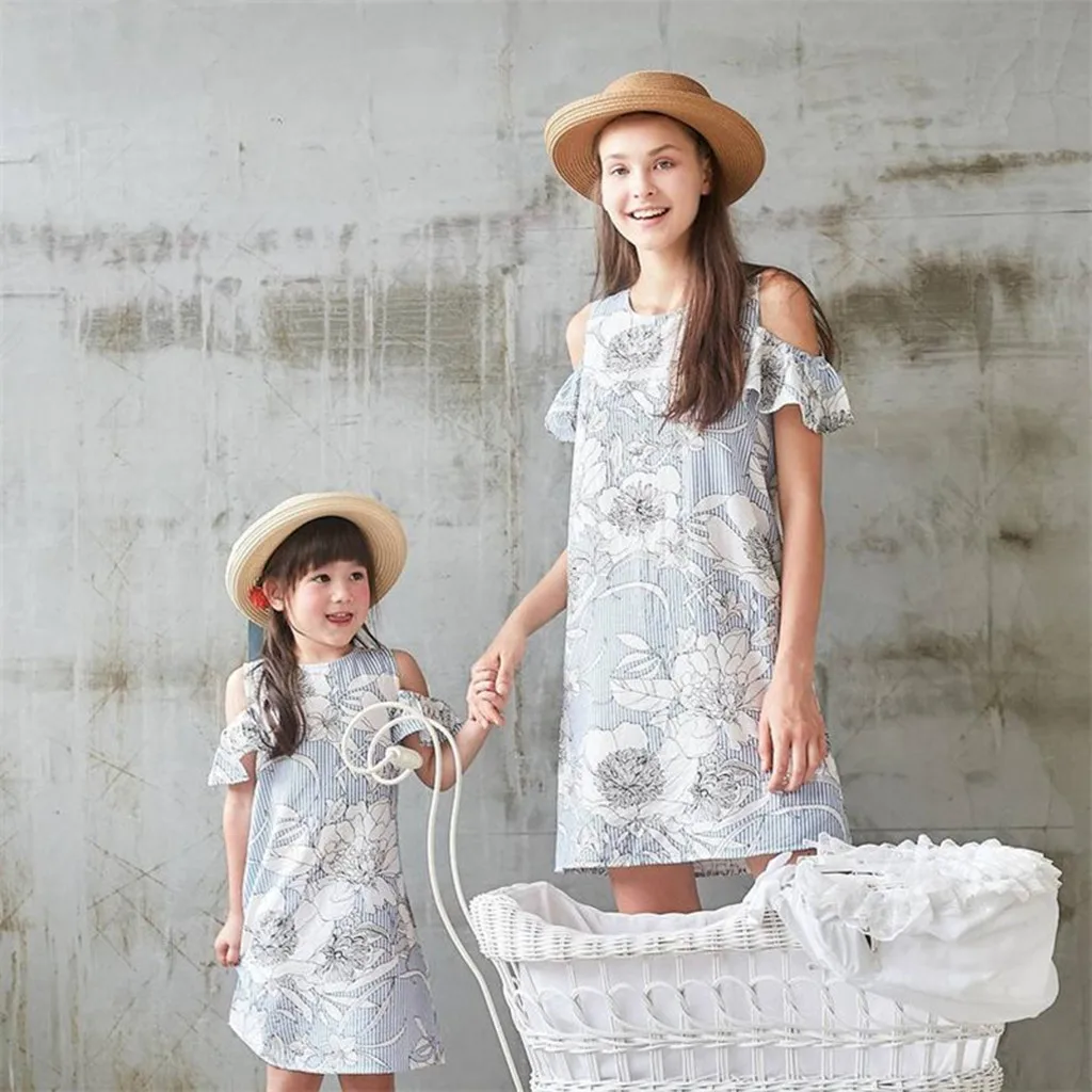 

Mother Daughter Lemon Flower Dresses Matchy Mom Kids Family Girl Summer Floral Short Sleeve Matching Dress Outfits