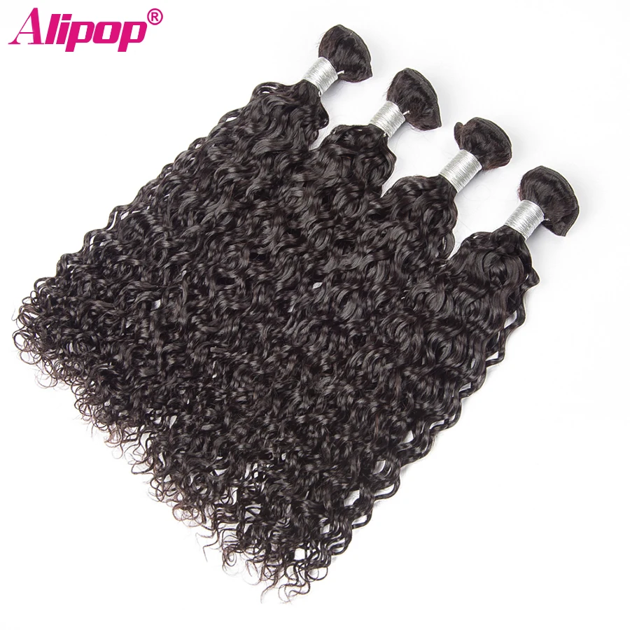 ALIPOP Water Wave Peruvian hair 4 bundles deals Remy Human Hair Bundles Hair Extensions Weaving Natural Black No sheds  (4)