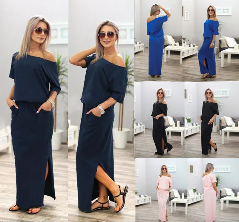 

New 2019 Summer Dress Long Maxi Dress Robe Casual Sexy Loose Elegant Dress Side open pockets Women Dresses Vestido de festa