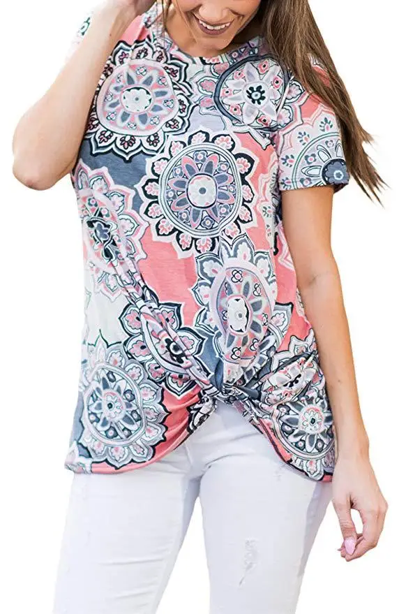 

Mr.nut Women's Sun Flower Printed Round Neck Knotted Short Sleeve Loose T-Shirt