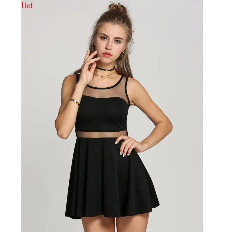 

New Sexy Women Tank Dress Sleeveless Mesh Sheer Patchwork Mini Dress Night Club Empire Pleated Vest Dress Black White SV002391