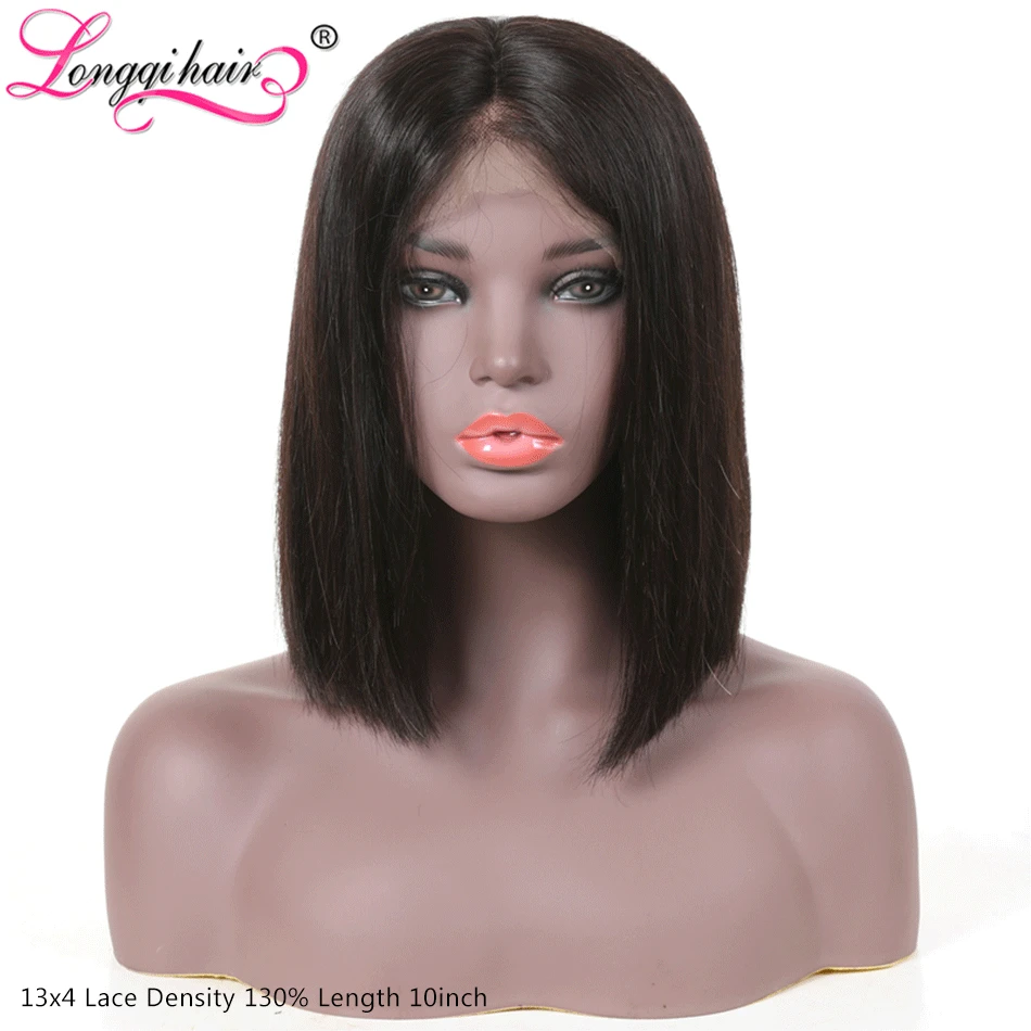 

Longqi Hair Short Straight Blunt Cut Bob Lace Front Human Hair Wigs for Women Natural Color 130% 8-14inch Pre-plucked Remy Hair