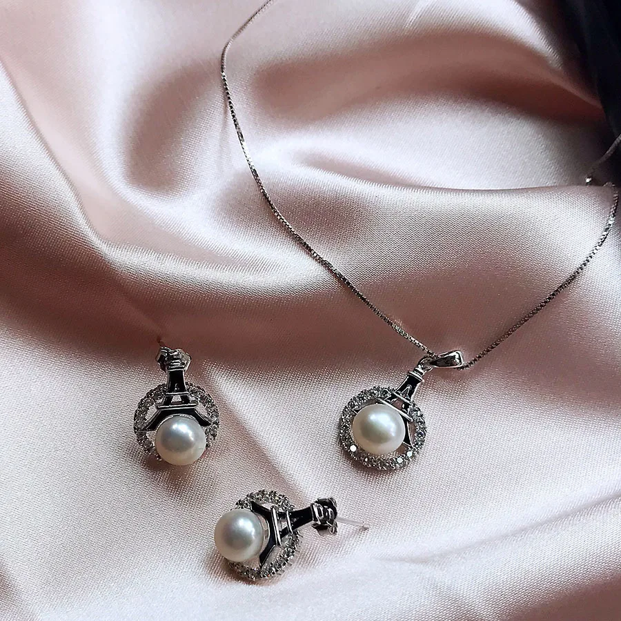 

Elegant 100% Natural Freshwater Pearl Jewelry Sets For Women AAA Zircon Real 925 Sterling Silver Earring + Pendant Solid Silver
