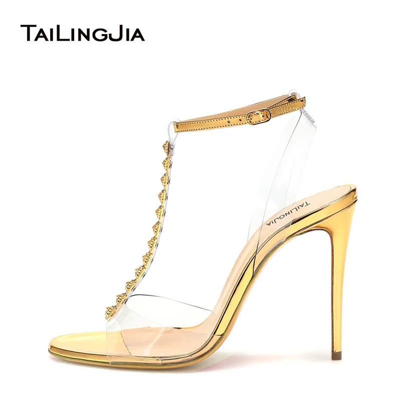 

High Heel Gold Women Sandals Open Toe Clear Transparent Pvc Brand Buckle Rivets Studs Summer Ladies Shoes Sexy Party Woman Shoes