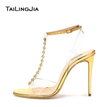 

High Heel Gold Women Sandals Open Toe Clear Transparent Pvc Brand Buckle Rivets Studs Summer Ladies Shoes Sexy Party Woman Shoes