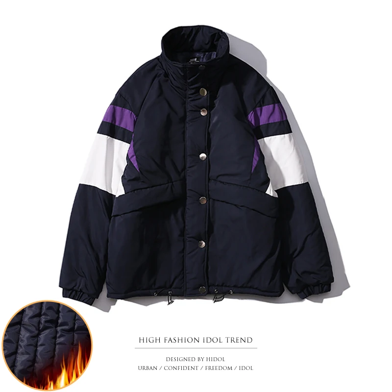 

Winter Thick Oversize Old School Style Parka Coat Contrast color Stripe Splice Zipper Military Stand Jacket Men Hip Hop Swag