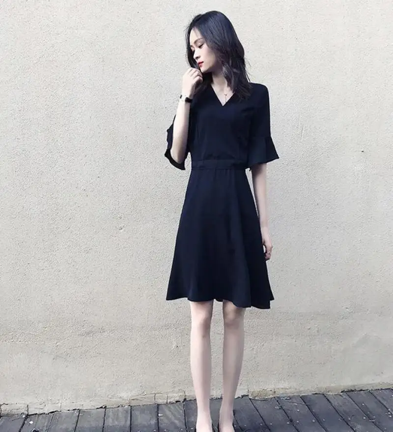 

Women Black Elegant Dress Spring Summer New Slim Chiffion Dress