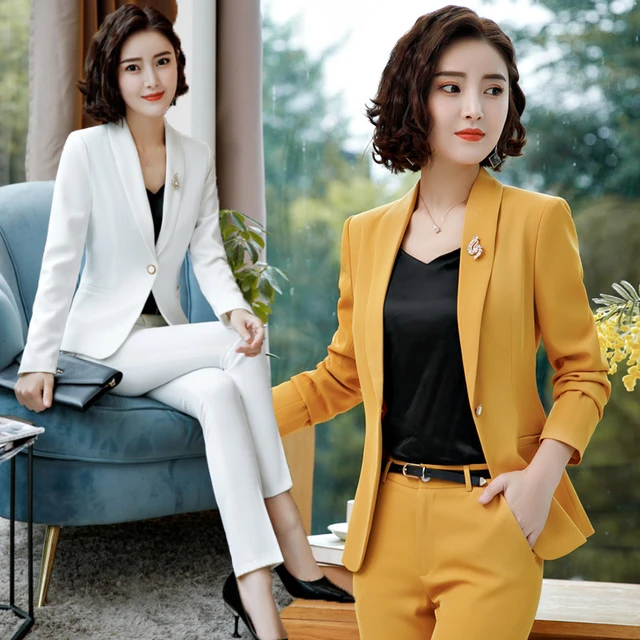 IZICFLY Spring Fall Formal Pant Suit Office Lady Uniform Designs for White Blazer Women Business Long Femme Work Wear