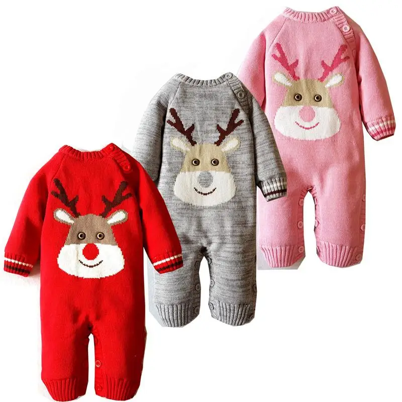 Baby Christmas Knitted Fleece Rompers Kids girls Jumpsuits Cotton Long