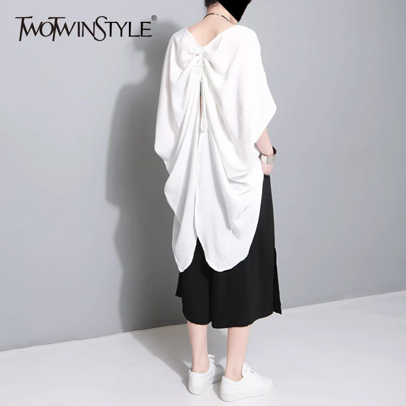 

TWOTWINSTYLE Ruched T Shirt Female O Neck Batwing Sleeve Draw String Split Asymmetrical T Shirts Top For Women Summer Casual New