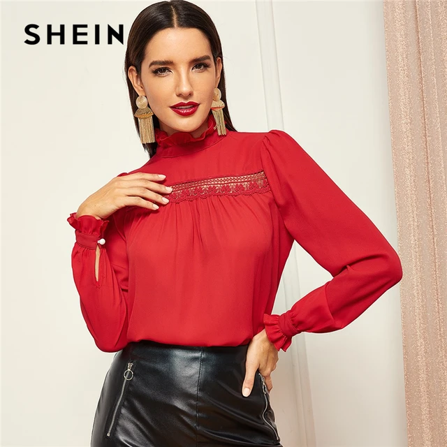 Buy SHEIN Red Contrast Lace Insert Smocked Neck Ruffle