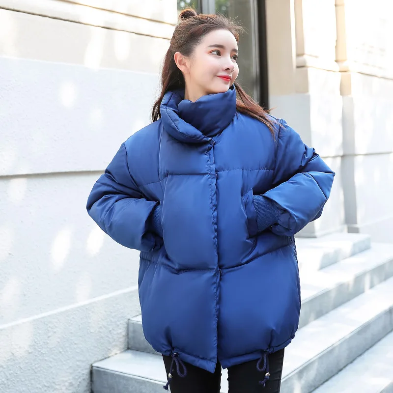 Новинка, корейский стиль, зимняя женская куртка со стоячим воротником и пуговицами, женское короткое пальто, свободная парка большого размера - Цвет: Синий