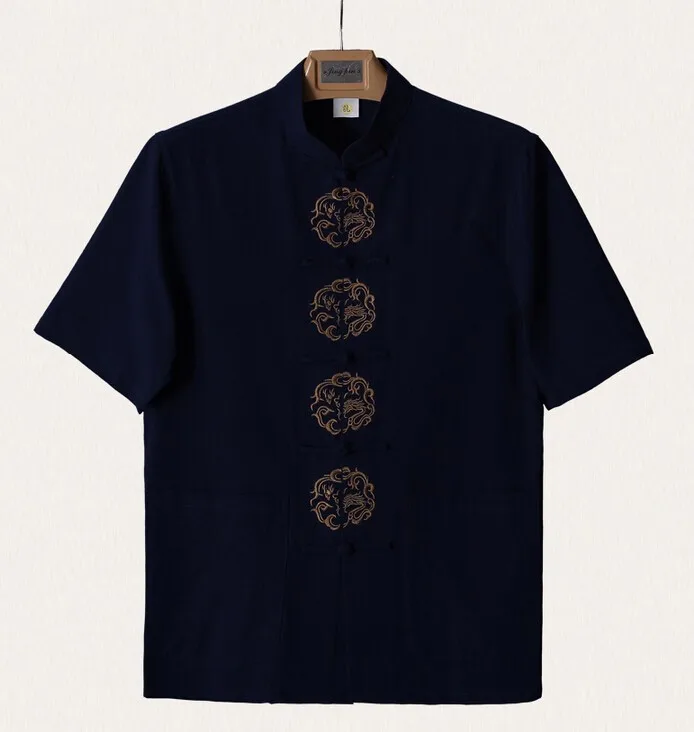 Летние Темно-синие Для мужчин хлопок вышивка дракон рубашка Топы Винтаж Китайский кунг-фу футболка с коротким рукавом Тан костюм Размеры