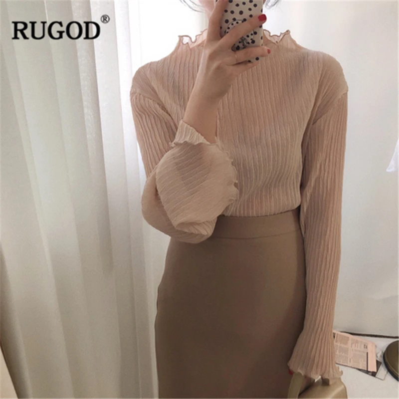 

RUGOD 2019 New Arrival Women White Shirt O-neck Flare Sleeves Pleating Process Wave Edge Transparent Blouse Modis Mujer Tops