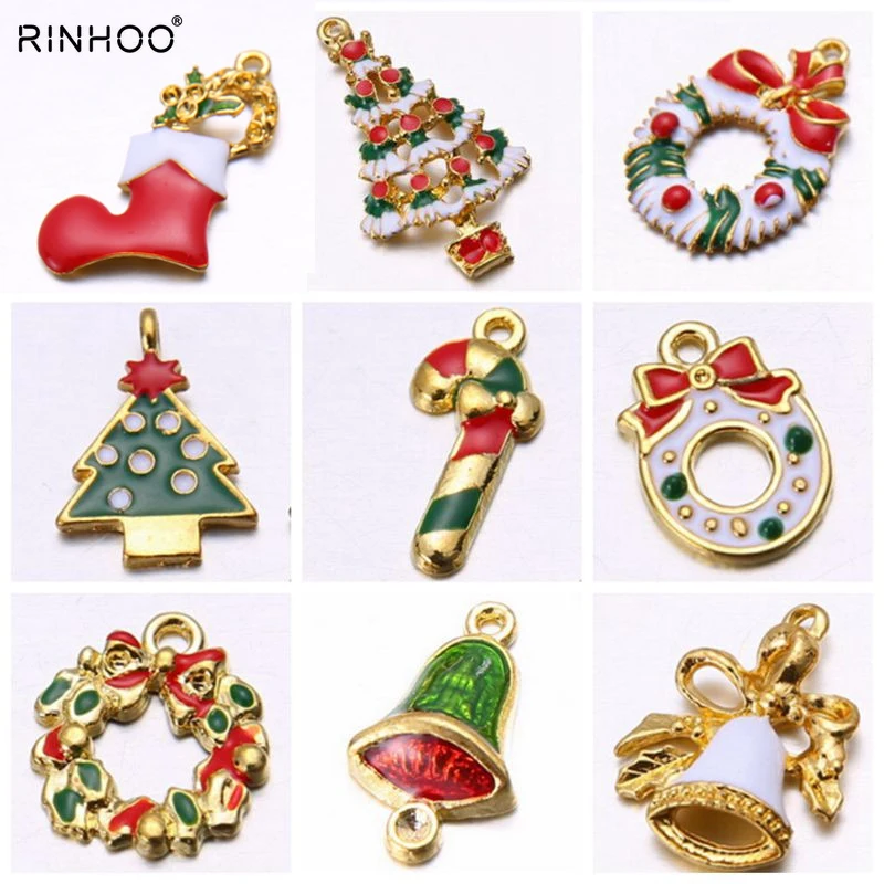 

Rinhoo 9 pieces Gold Charms Mix Unique Enamel Christmas Charms Pendants for Christmas Home decoration accessories